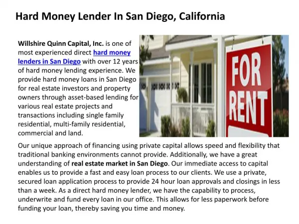 Hard Money Lender in San Diego