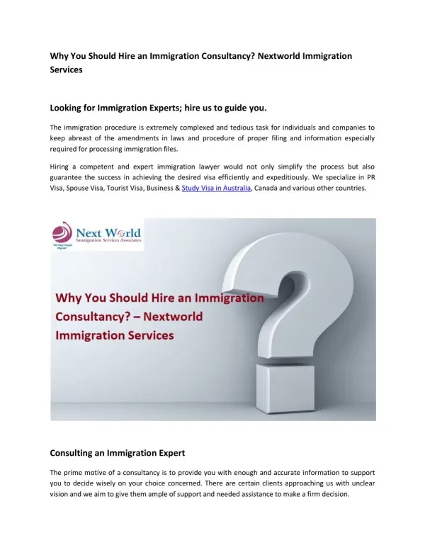 Why You Should Hire an Immigration Consultancy? Nextworld Immigration Services
