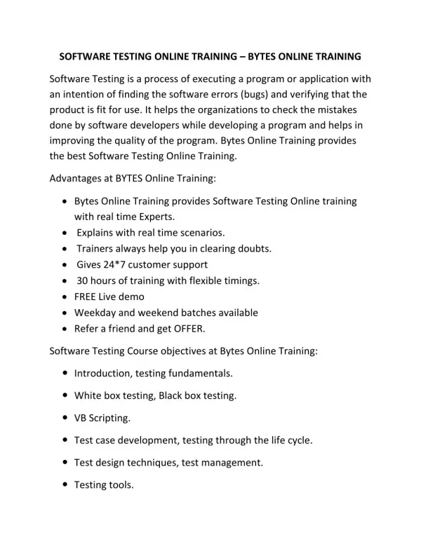 Software testing online training - Bytes online training