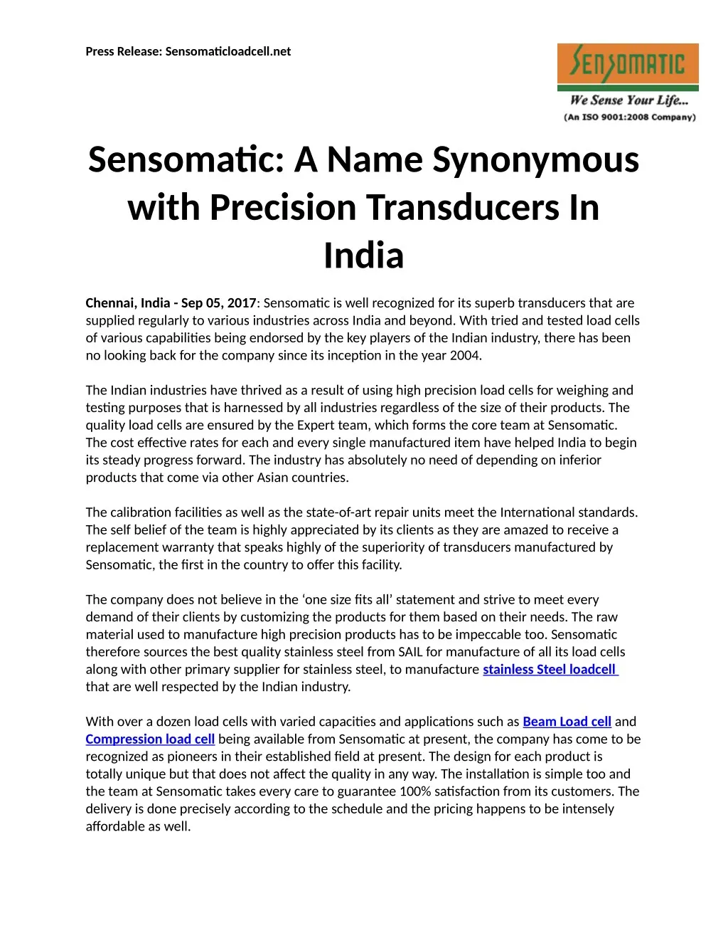 press release sensomaticloadcell net