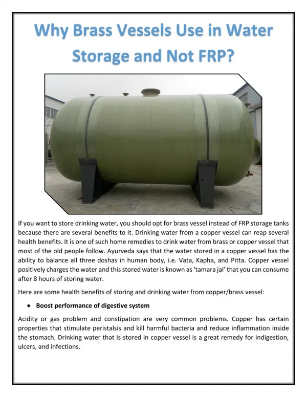 Why Brass Vessels Use in Water Storage and Not FRP?