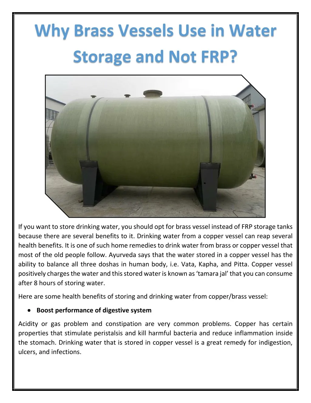 why brass vessels use in water storage and not frp