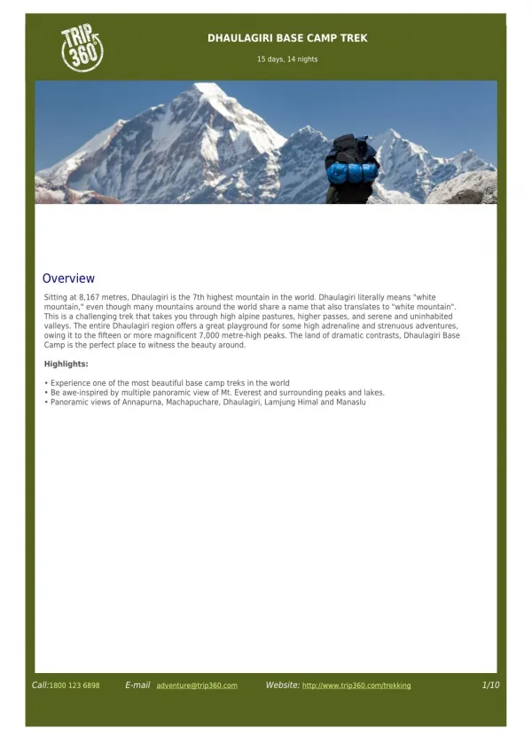 Book 15 days / 14 nights Dhaulagiri Base Camp Trekking Tour by Trip 360