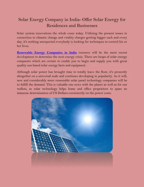 Solar Energy Company in India- Offer Solar Energy for Residences and Businesses