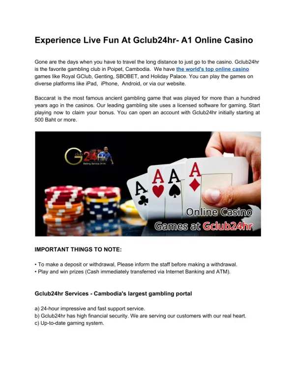 Experience Live Fun at Gclub24hr- A1 Online Casino