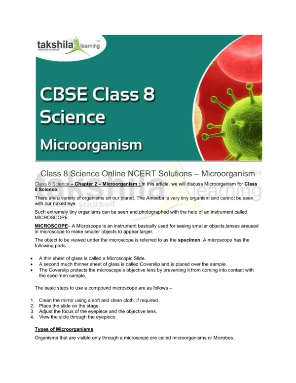 Class 8 Science Online NCERT Solutions - Microorganism