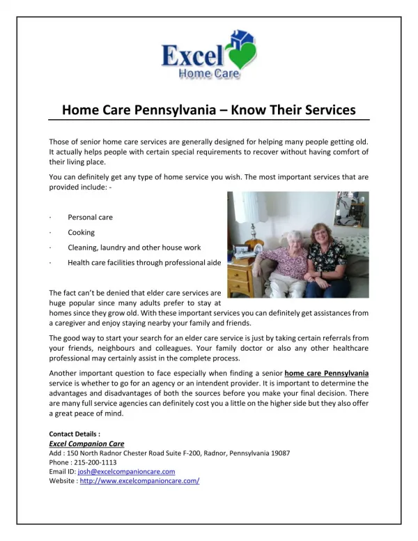 Home Care Pennsylvania – Know Their Services