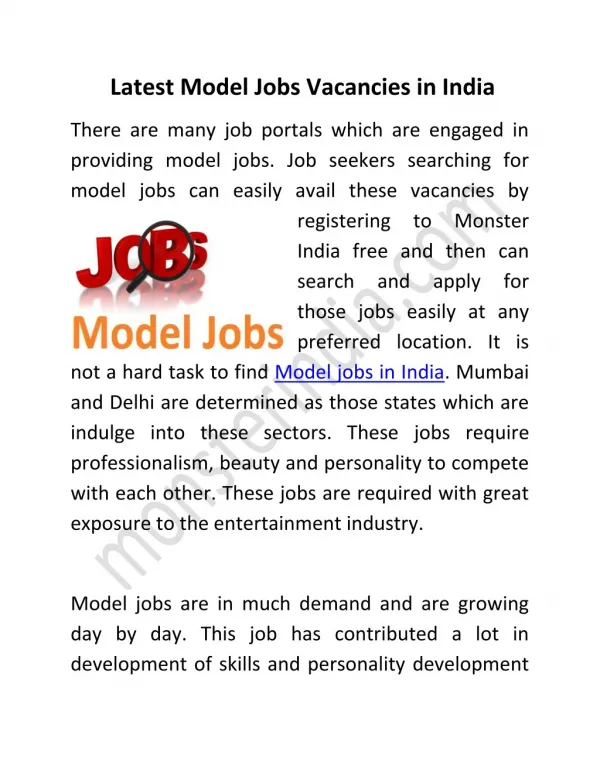 Latest Model Jobs Vacancies in India