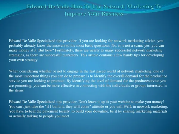 Edward De Valle Helping You Better Understand Multi-level Marketing With These Simple To Follow Tips