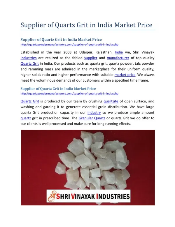 Supplier of Quartz Grit in India Market Price