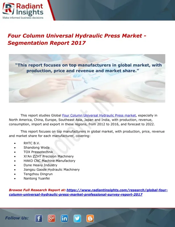 Four Column Universal Hydraulic Press Market -Segmentation Report 2017