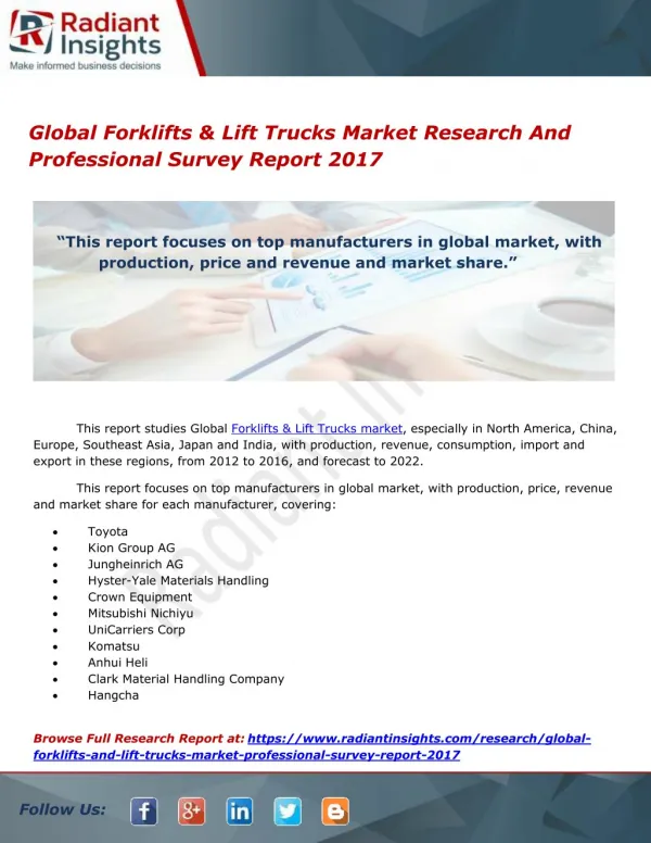 Global Forklifts & Lift Trucks Market Research And Professional Survey Report 2017