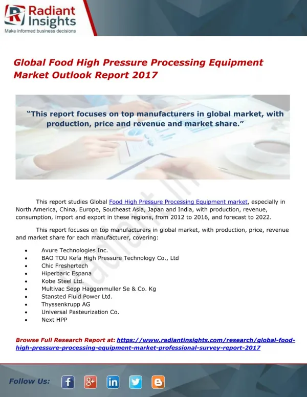 Global Food High Pressure Processing Equipment Market Outlook Report 2017