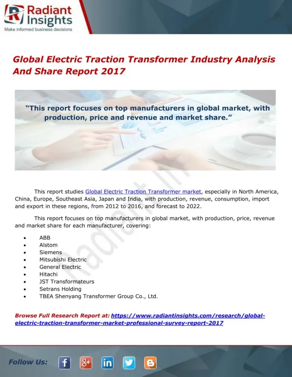 Global Electric Traction Transformer Industry Analysis And Share Report 2017