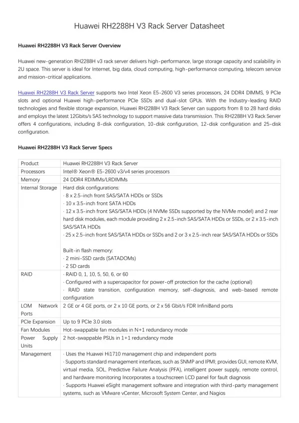 Huawei rh2288 h v3 rack server datasheet