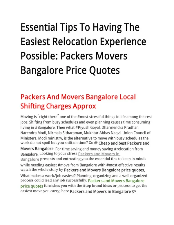 Essential Tips To Having The Easiest Relocation Experience Possible: Packers Movers Bangalore Price Quotes