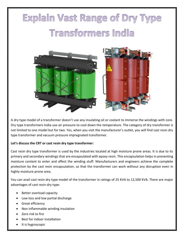 Explain Vast Range of Dry Type Transformers India