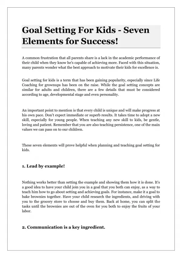 Goal Setting For Kids - Seven Elements for Success!
