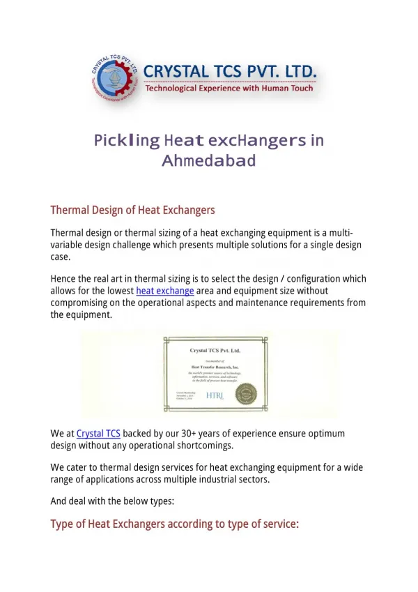 Pickling Heat Exchangers in Ahmedabad
