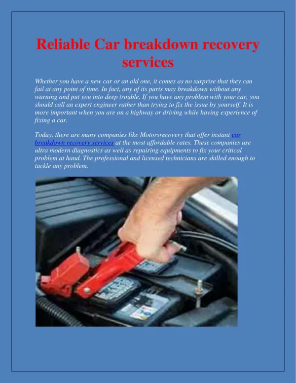 Reliable Car breakdown recovery services