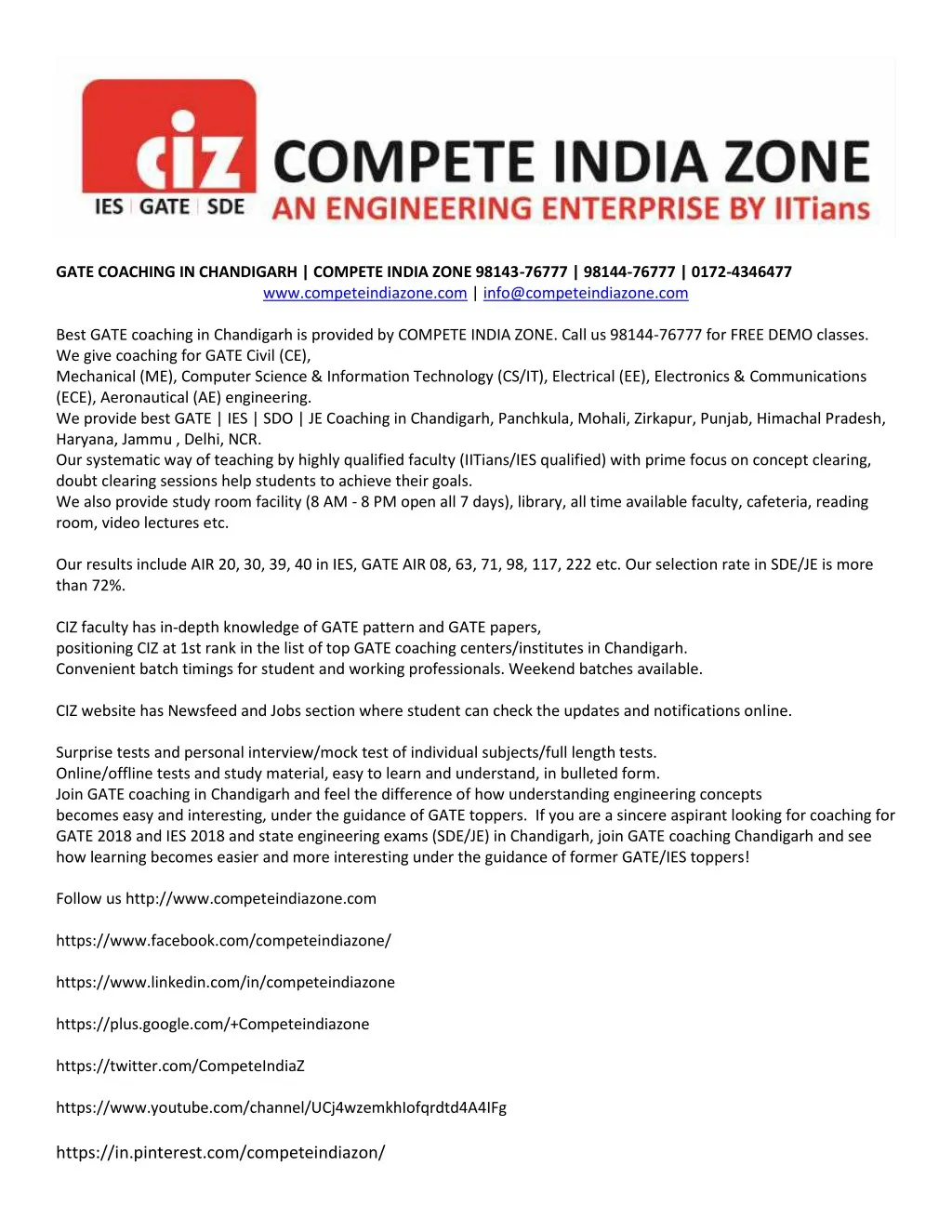 gate coaching in chandigarh compete india zone