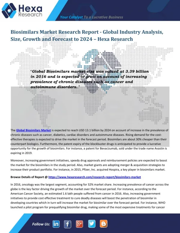 Global Biosimilars industry size is expected to increase significantly by 2024