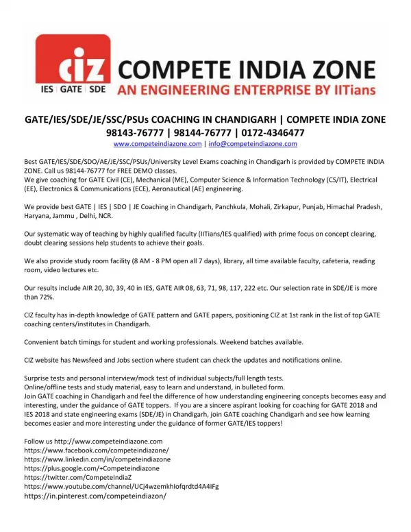 SDE/SDO/AE/JE COACHING INSTITUTE IN CHANDIGARH | CIZ 981447677