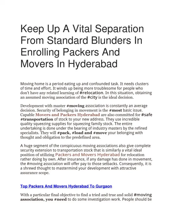 Keep Up A Vital Separation From Standard Blunders In Enrolling Packers And Movers In Hyderabad