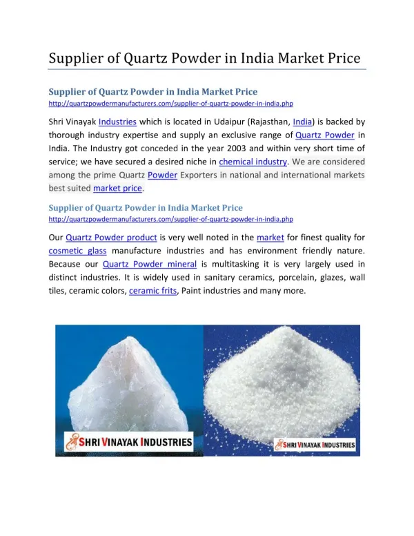 Supplier of Quartz Powder in India Market Price