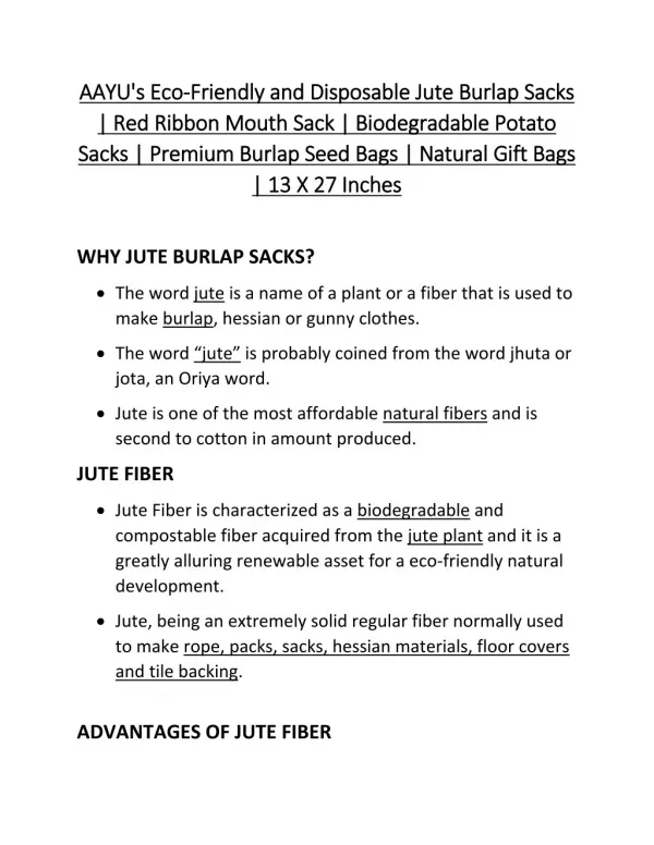 Aayu's Ecofriendly and disposable Jute Burlap Sacks | Red Ribbon Mouth Sack | Biodegradable potato sacks | Premium burla