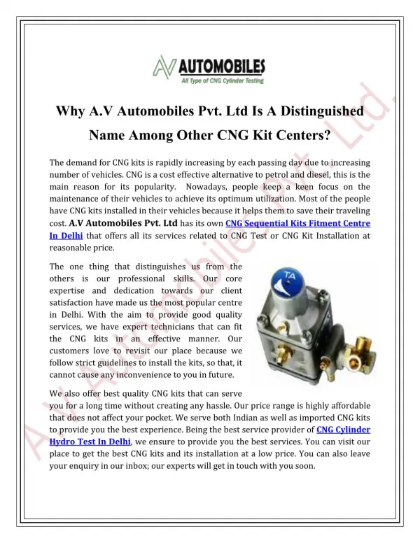 Why A.V Automobiles Pvt. Ltd Is A Distinguished Name Among Other CNG Kit Centers?