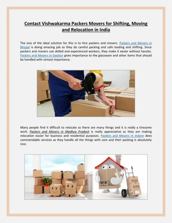 Contact Vishwakarma Packers Movers for Shifting, Moving and Relocation in India