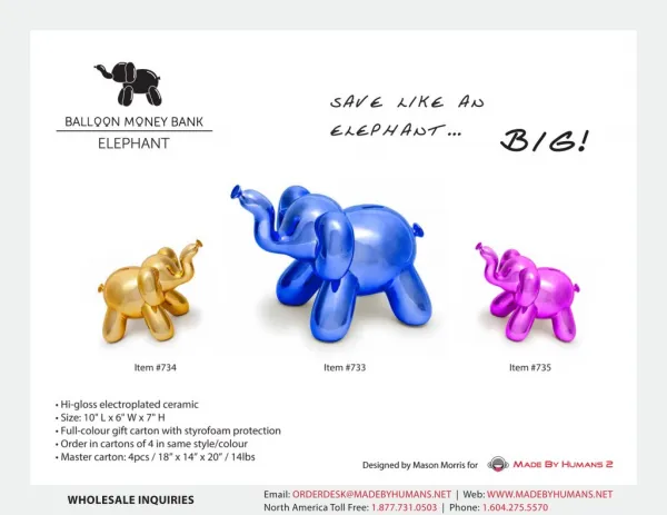 Balloon Money Bank ELEPHANT - Line Sheet and Product Specification