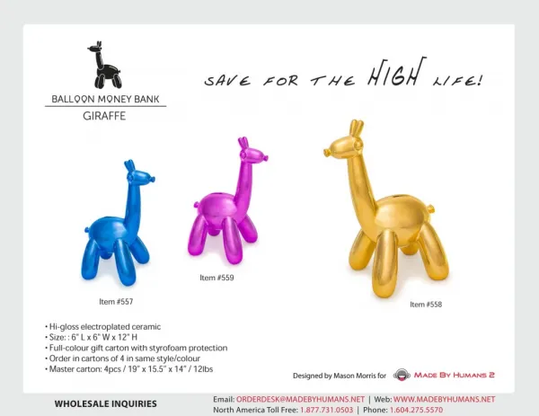 Balloon Money Bank GIRAFFE - Line Sheet and Product Specification
