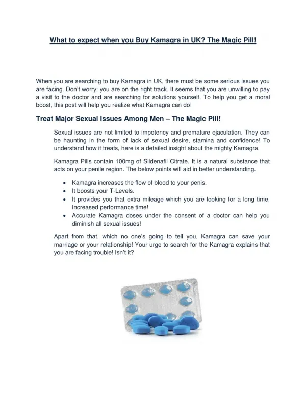 What to expect when you Buy Kamagra in UK The Magic Pill!