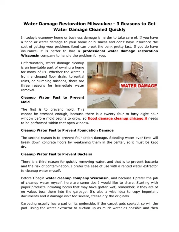 Water Damage Restoration Milwaukee - 3 Reasons to Get Water Damage Cleaned Quickly