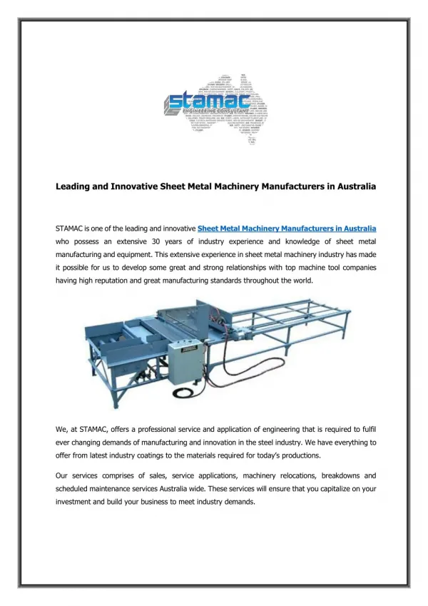 Leading and Innovative Sheet Metal Machinery Manufacturers in Australia