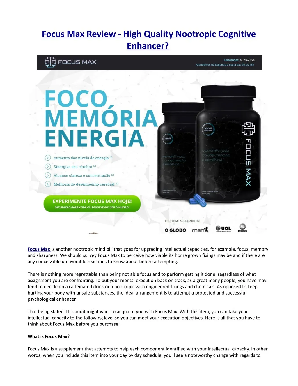 focus max review high quality nootropic cognitive