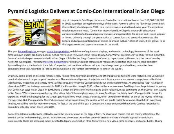 Pyramid Logistics Delivers at Comic-Con International in San Diego