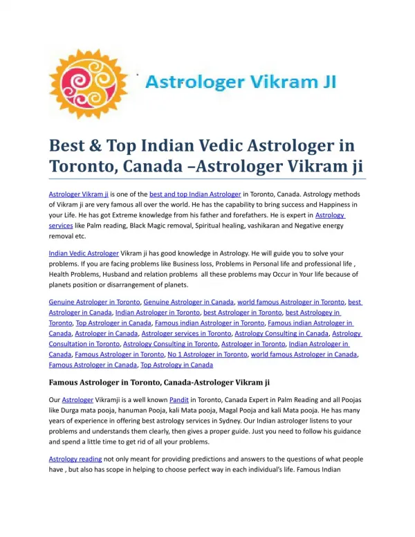 Best indian vedic Astrologer in Toronto, Canada-Astrologer Vikram ji
