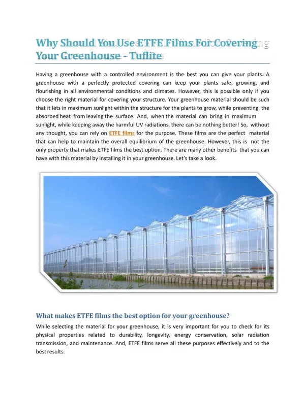 Why Should You Use ETFE Films For Covering Your Greenhouse - Tuflite Polymers