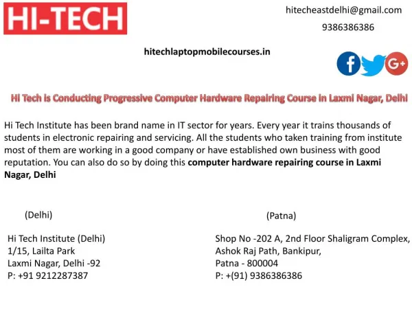Hi Tech is Conducting Progressive Computer Hardware Repairing Course in Laxmi Nagar, Delhi