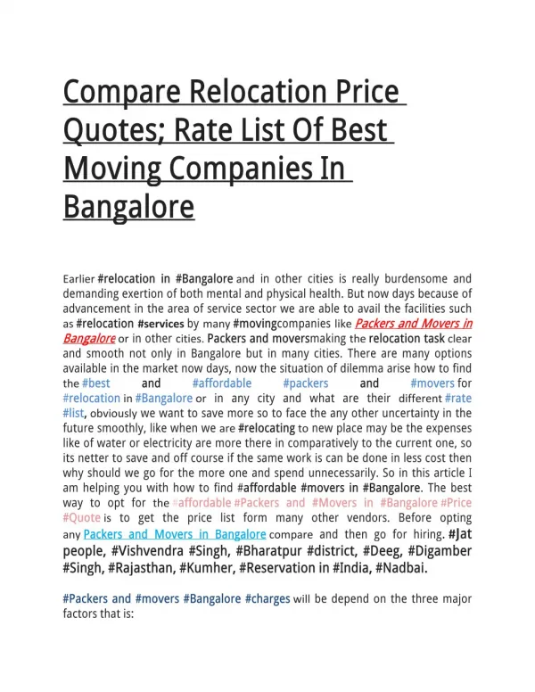 Compare Relocation Price Quotes; Rate List Of Best Moving Companies In Bangalore