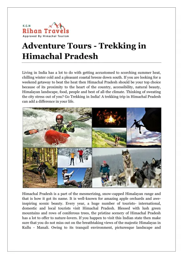 Adventure Tours - Trekking in Himachal Pradesh