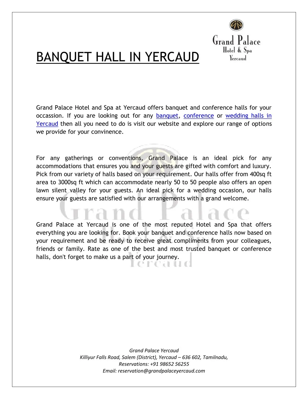 banquet hall in yercaud