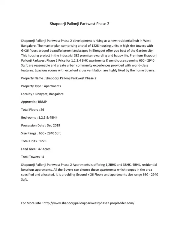 Shapoorji Pallonji Parkwest Phase 2