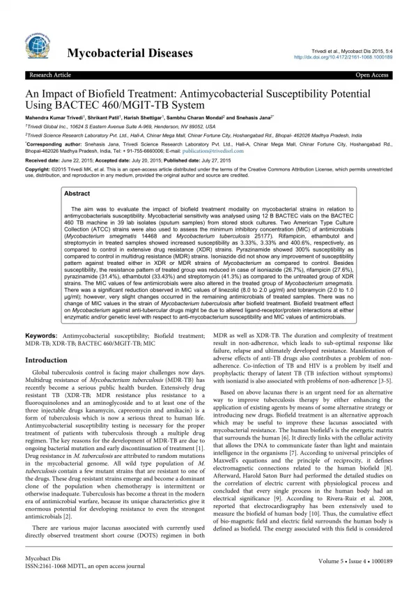 Trivedi Effect - An Impact of Biofield Treatment: Antimycobacterial Susceptibility Potential Using BACTEC 460/MGIT-TB Sy