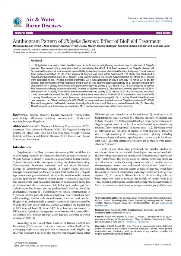 Trivedi Effect - Antibiogram Pattern of Shigella flexneri: Effect of BioField Treatment