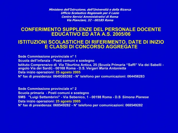 Ministero dell Istruzione, dell Universit e della Ricerca Ufficio Scolastico Regionale per il Lazio Centro Servizi Ammi