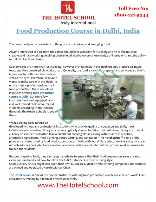 Food Production Course in Delhi India